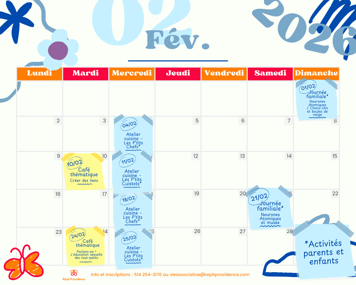 Calendrier des activités de la vie associative 2026 de Répit Providence